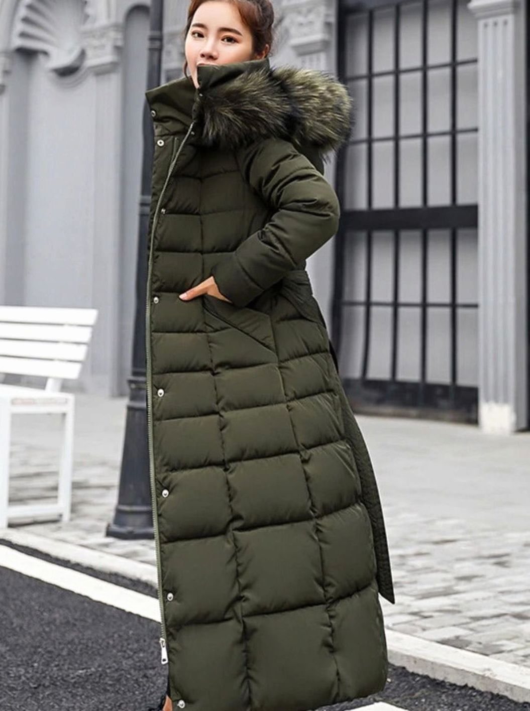 Women's Belted Long Quilted Hooded Puffer Coat Fur Trim - Army Green