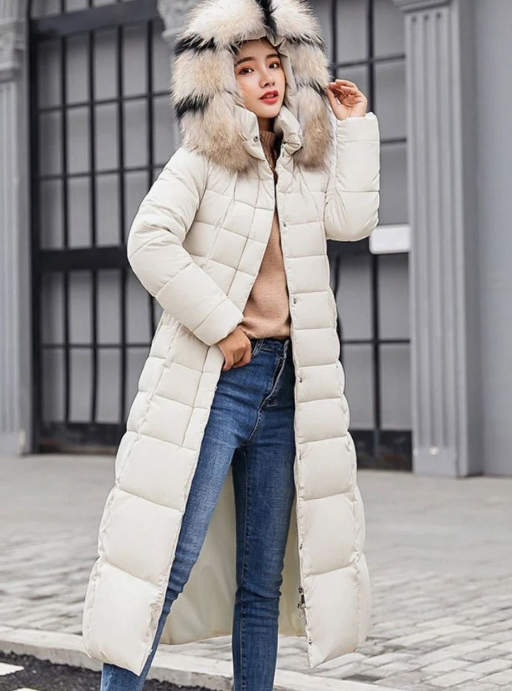 Women's Belted Long Quilted Hooded Puffer Coat Fur Trim - Off White