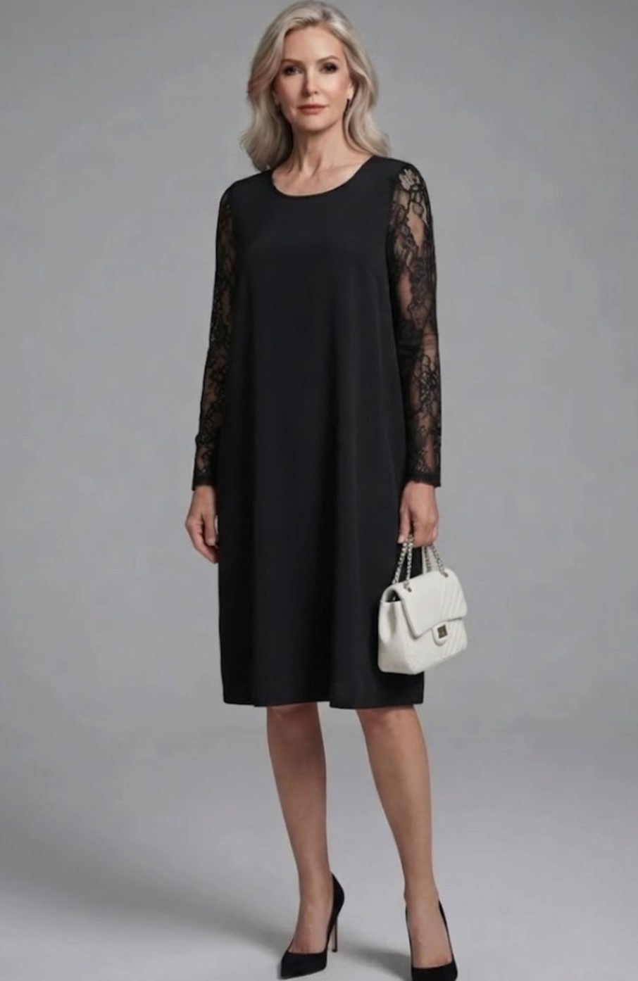 Women's Black Lace Sleeve Cocktail Fitted Midi Dress
