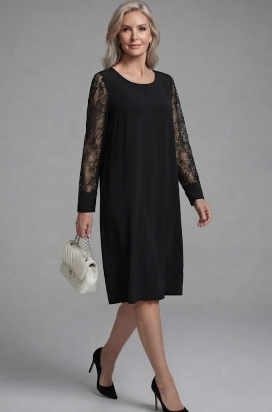 Women's Black Lace Sleeve Cocktail Fitted Midi Dress