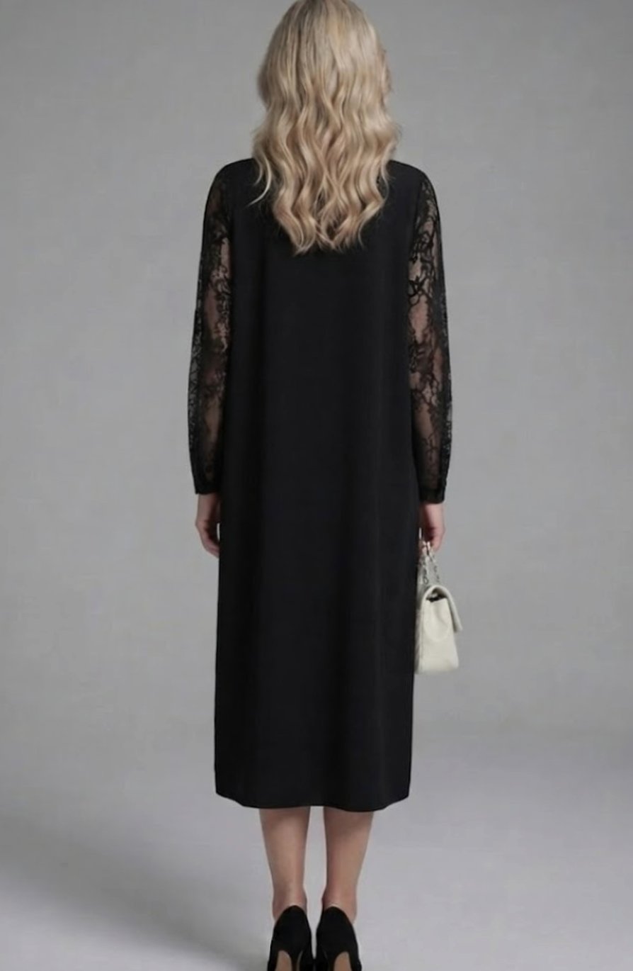 Women's Black Lace Sleeve Cocktail Fitted Midi Dress