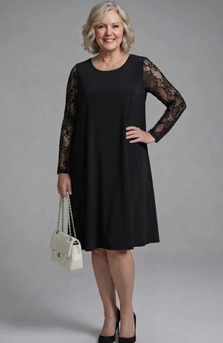 Women's Black Lace Sleeve Cocktail Fitted Midi Dress