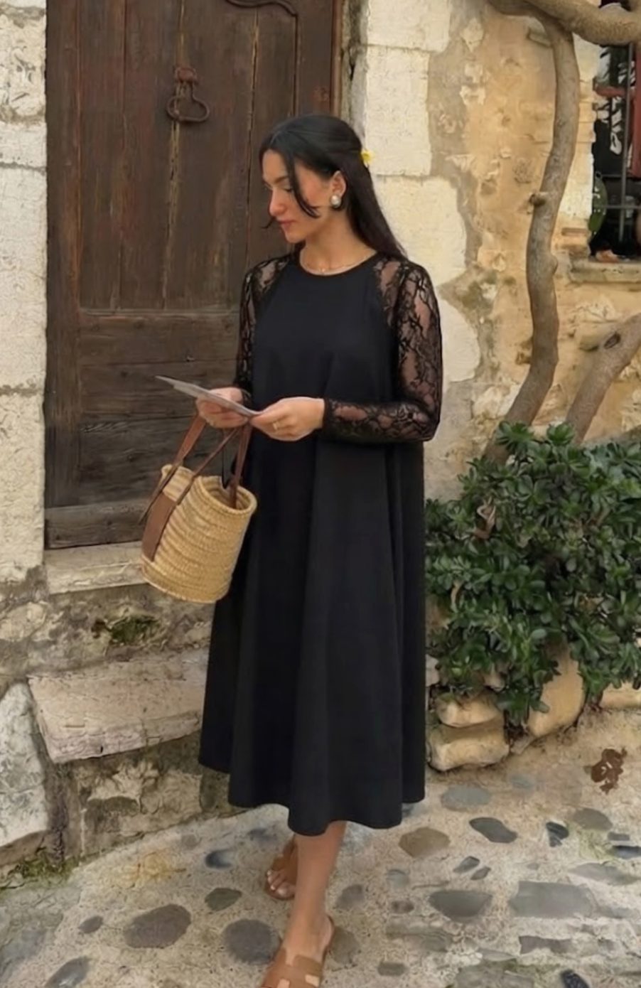 Women's Black Lace Sleeve Cocktail Fitted Midi Dress