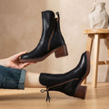 Women's Black Leather Ankle Boots Block Heel Side Zipper - Black