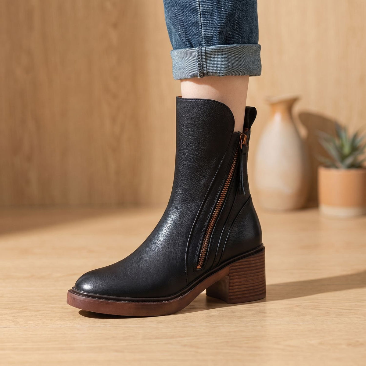 Women's Black Leather Ankle Boots Block Heel Side Zipper