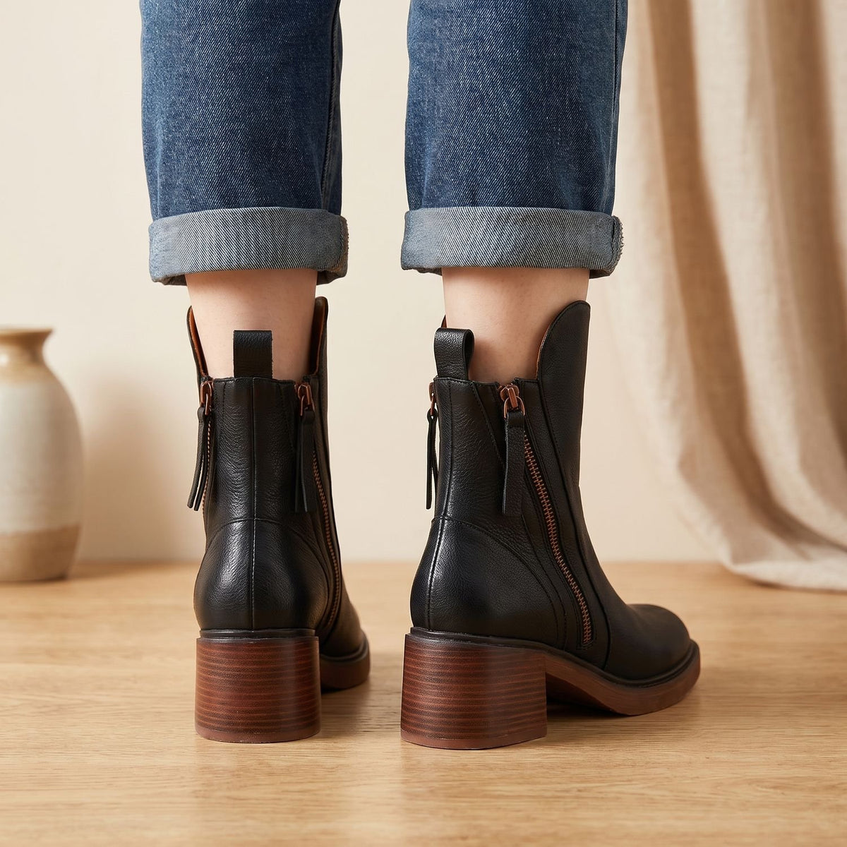 Women's Black Leather Ankle Boots Block Heel Side Zipper