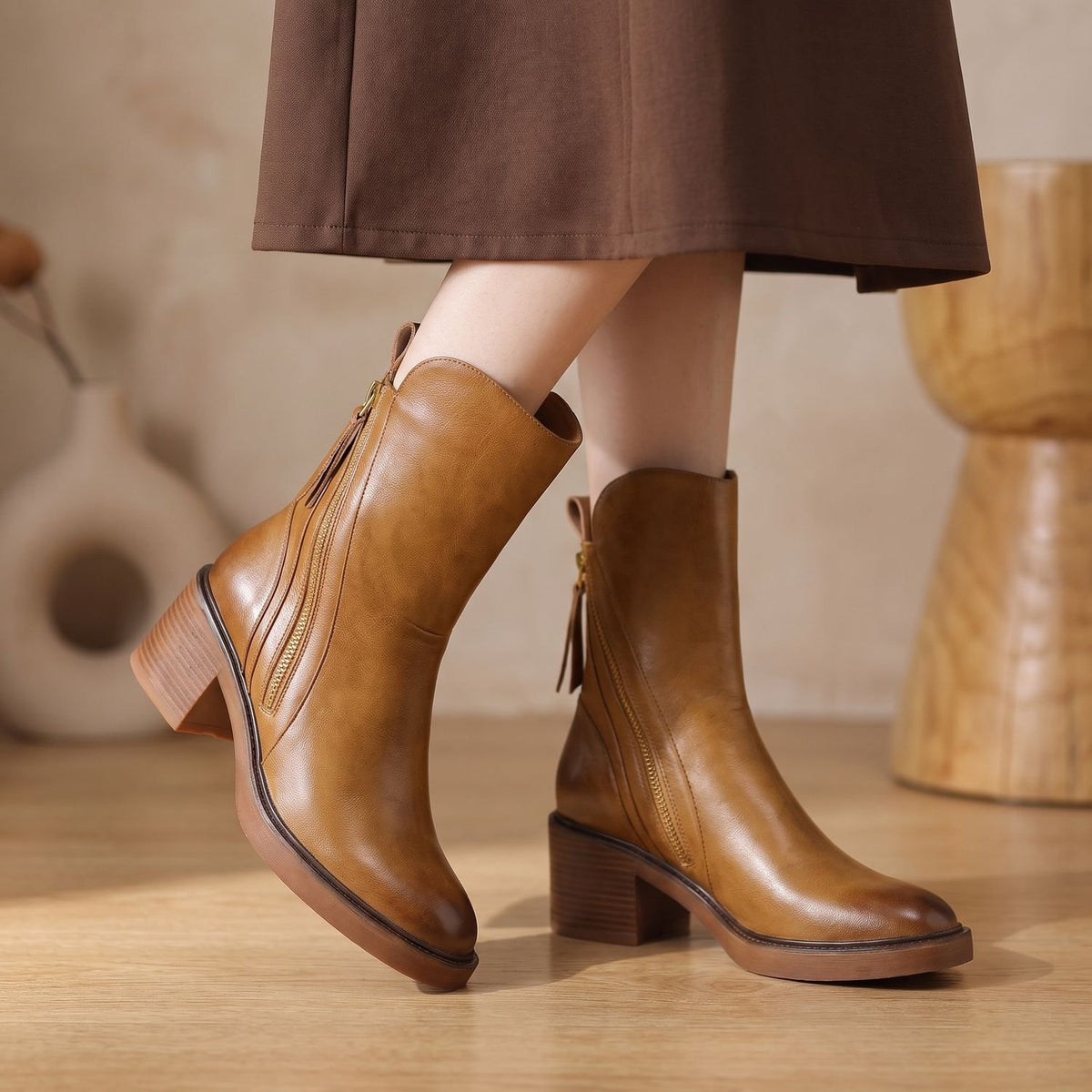 Women's Black Leather Ankle Boots Block Heel Side Zipper - Brown