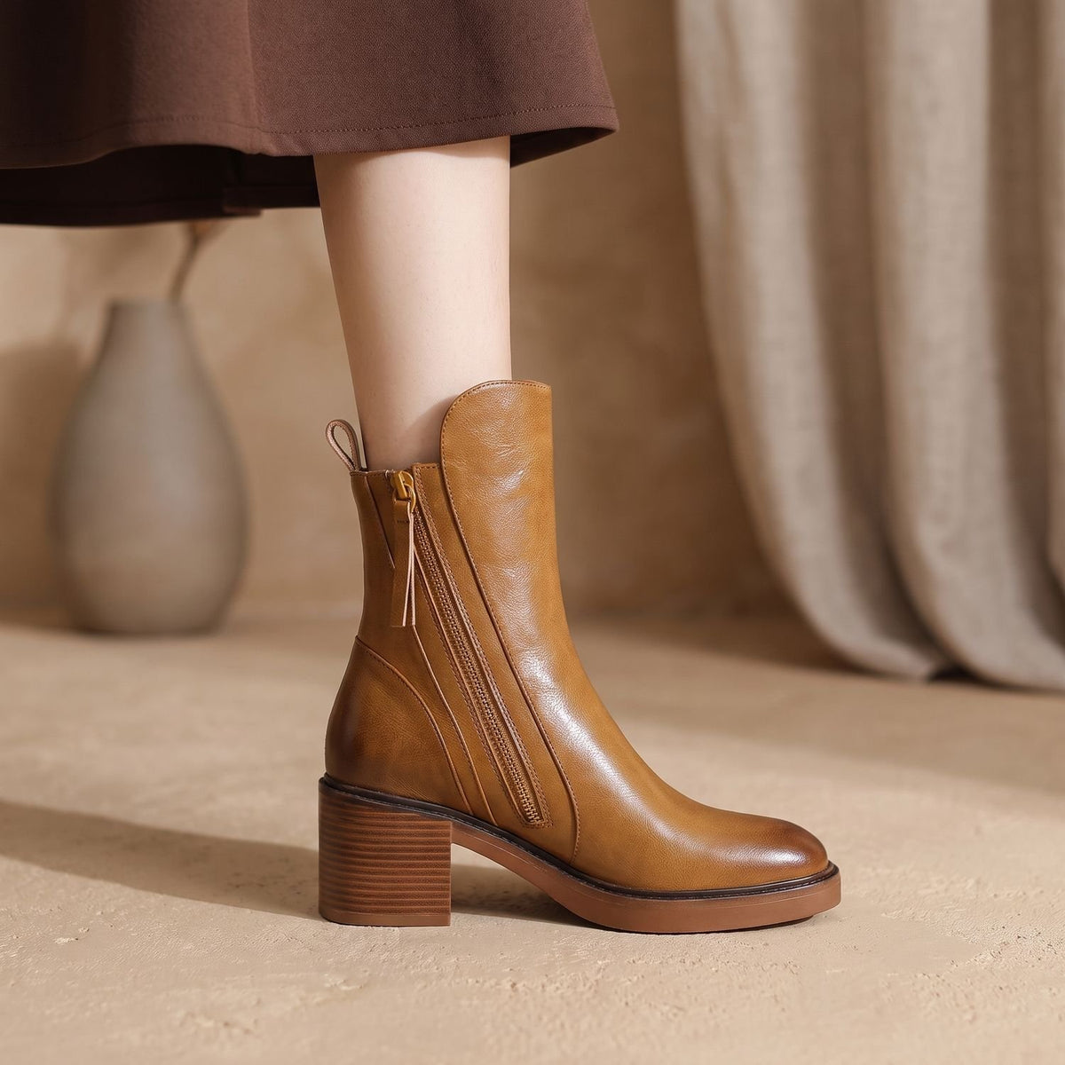 Women's Black Leather Ankle Boots Block Heel Side Zipper