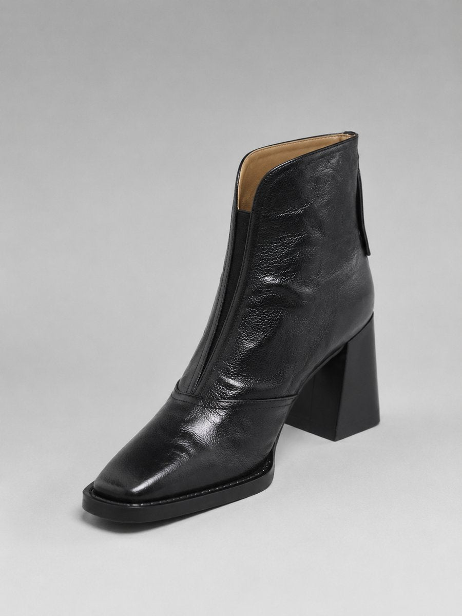 Women's Black Leather Square-Toe Block Heel Ankle Boots - Black