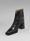 Women's Black Leather Square-Toe Block Heel Ankle Boots - Black