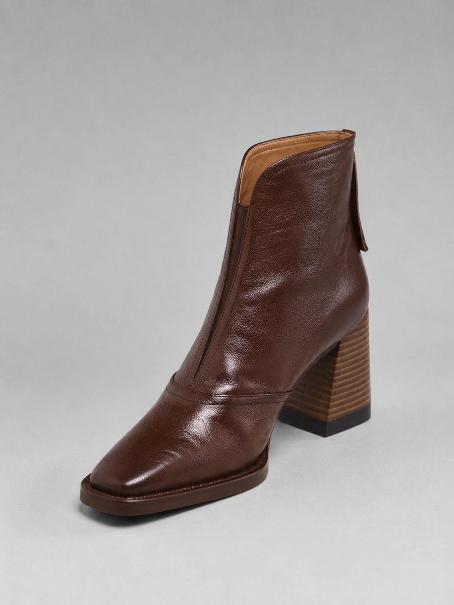 Women's Black Leather Square-Toe Block Heel Ankle Boots - Brown