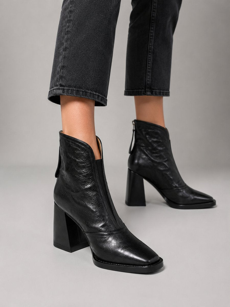 Women's Black Leather Square-Toe Block Heel Ankle Boots