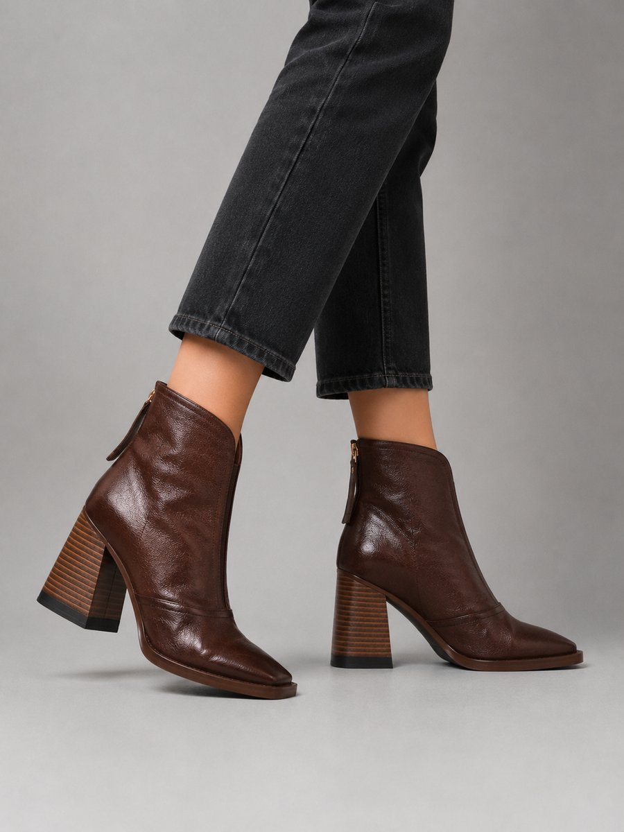 Women's Black Leather Square-Toe Block Heel Ankle Boots