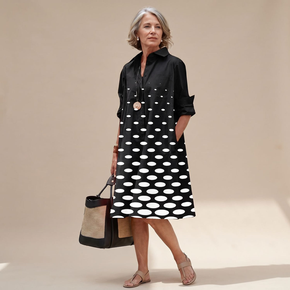 Women's Black Polka-Dot Collared Midi Cocktail Dress - Black