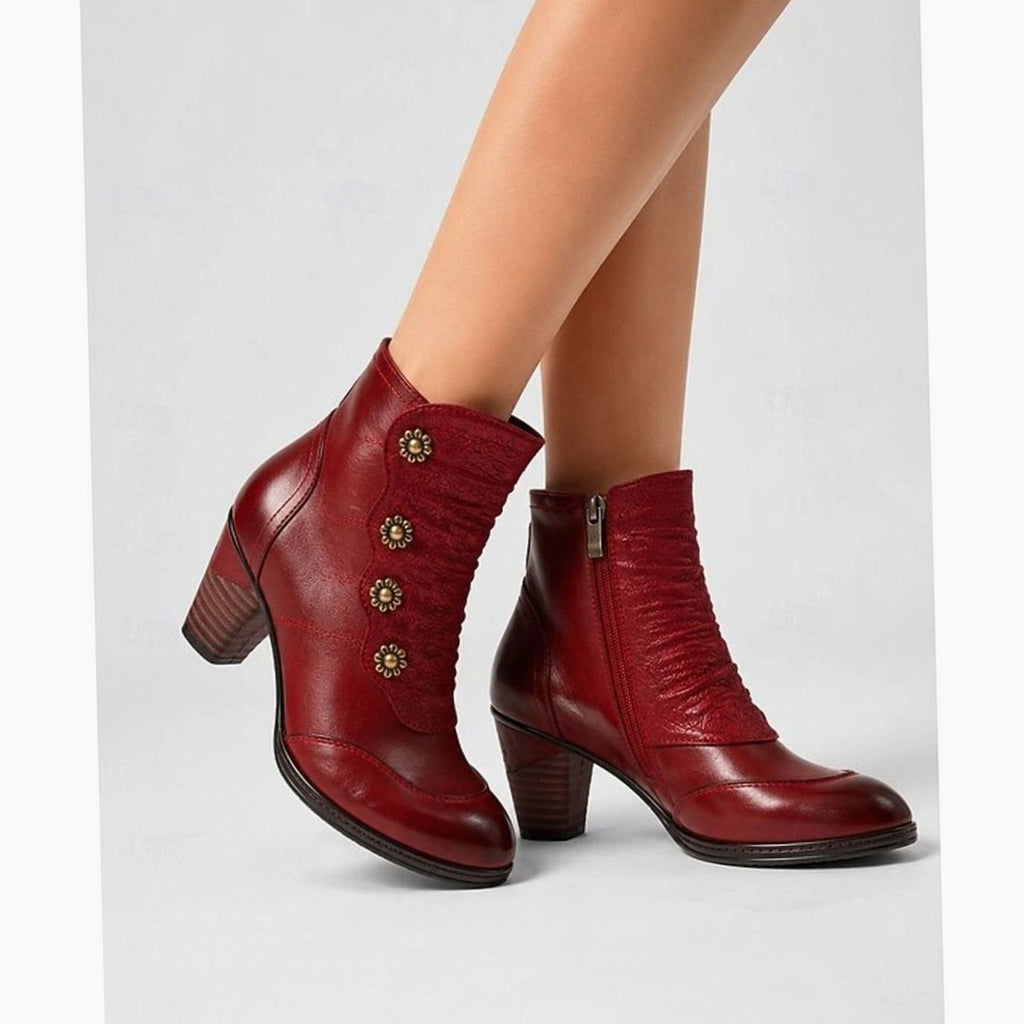 Women's Block Heel Ankle Boots Floral Button Side-Zip Booties