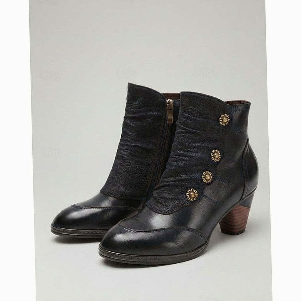 Women's Block Heel Ankle Boots Floral Button Side-Zip Booties - Black