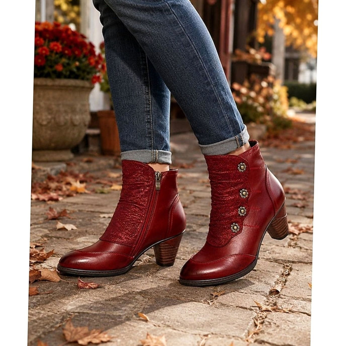 Women's Block Heel Ankle Boots Floral Button Side-Zip Booties