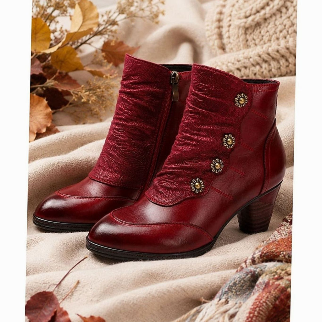Women's Block Heel Ankle Boots Floral Button Side-Zip Booties