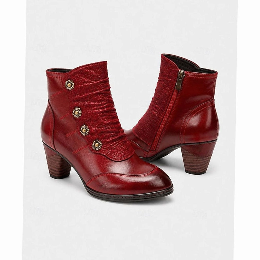 Women's Block Heel Ankle Boots Floral Button Side-Zip Booties