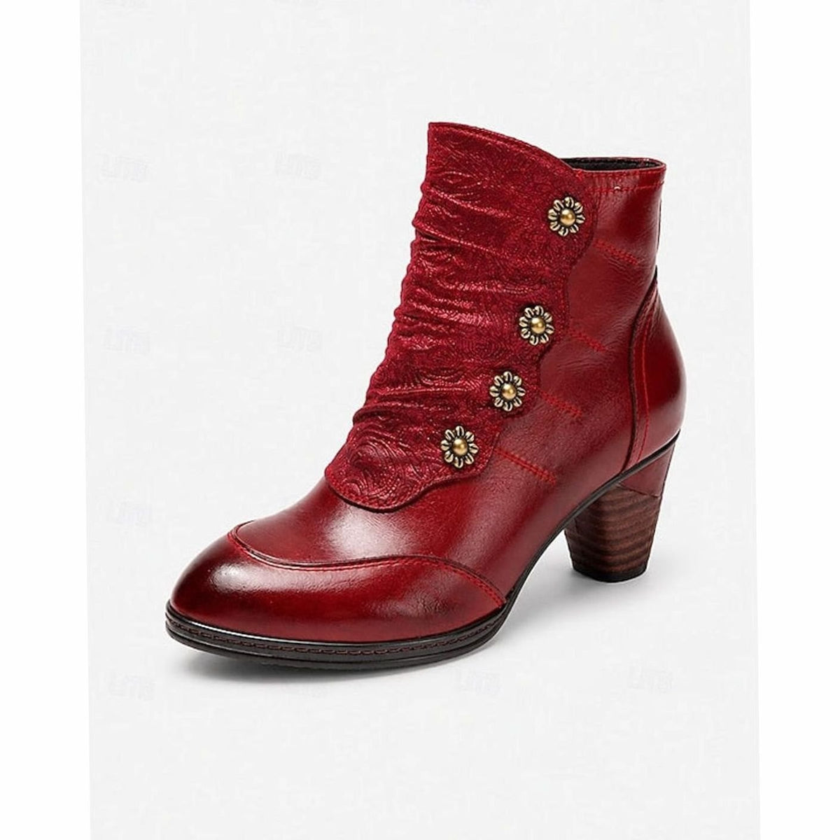 Women's Block Heel Ankle Boots Floral Button Side-Zip Booties