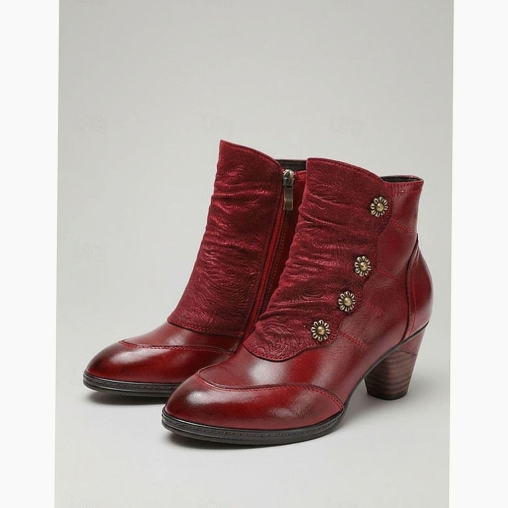 Women's Block Heel Ankle Boots Floral Button Side-Zip Booties - Wine