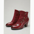 Women's Block Heel Ankle Boots Floral Button Side-Zip Booties - Wine