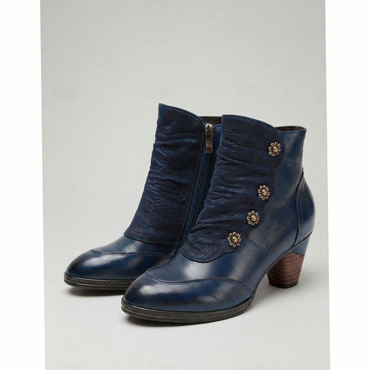 Women's Block Heel Ankle Boots Floral Button Side-Zip Booties - Blue