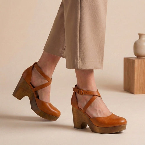 Women's Block Heel Ankle Strap Closed Toe Platform Shoes - Brown