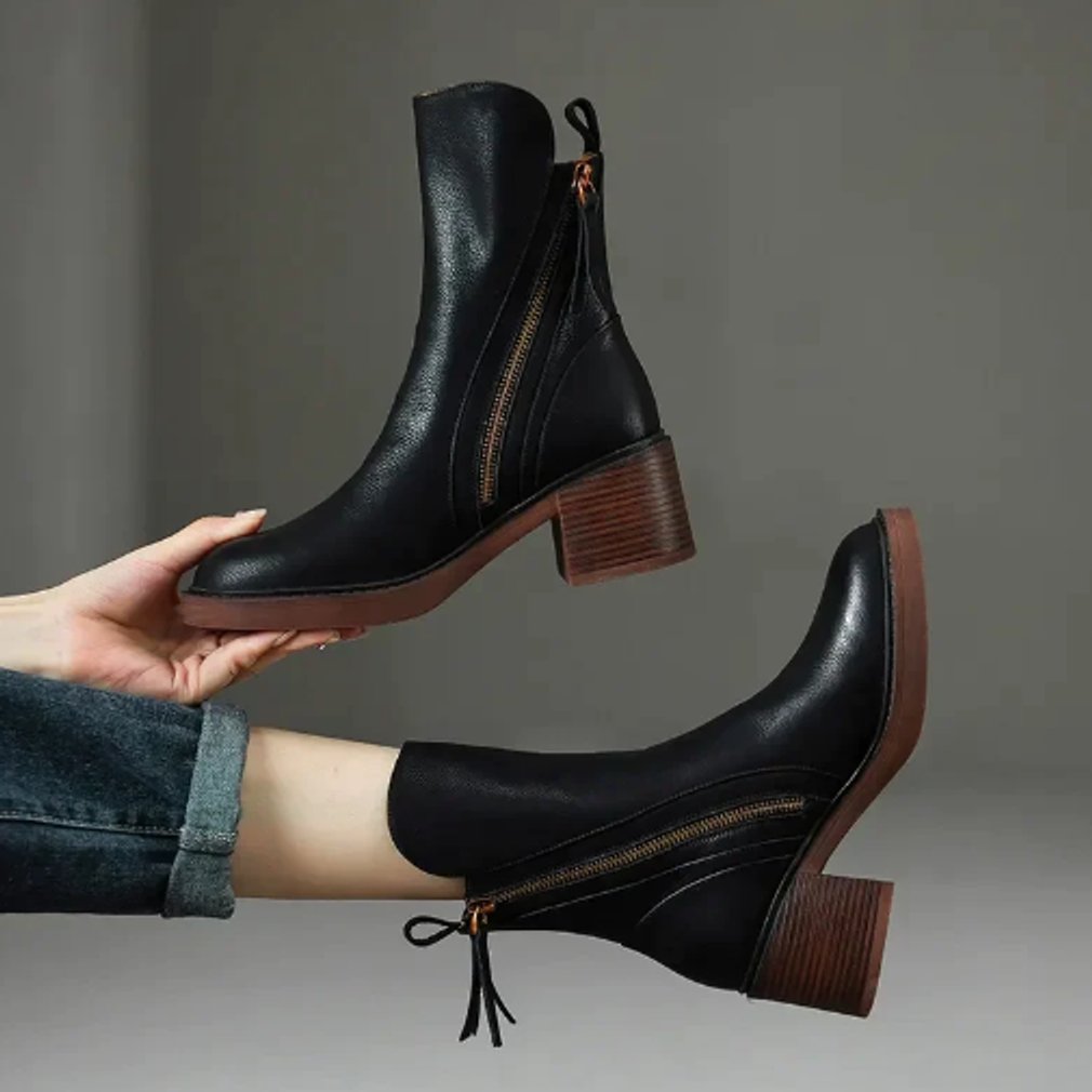 Women's Block-Heel Side-Zip Leather Ankle Boots - Black