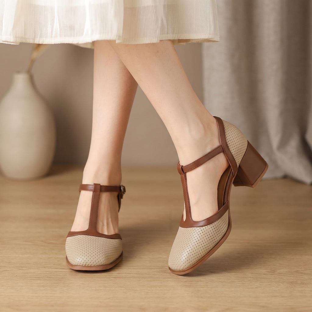 Women's Block Heel T-Strap Mary Jane Dress Pumps - Beige