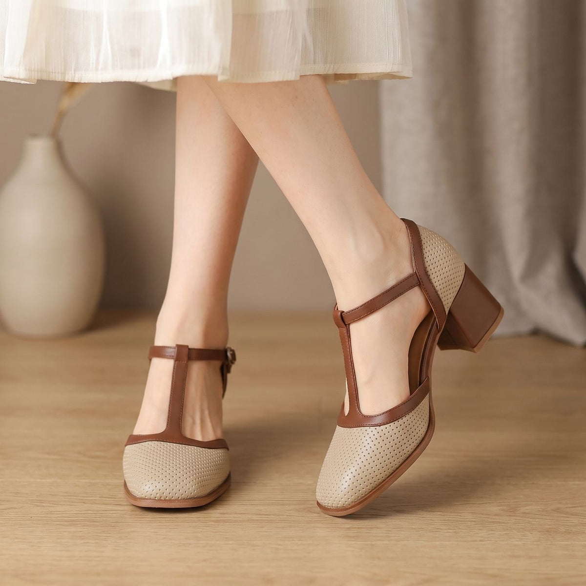 Women's Block Heel T-Strap Mary Jane Dress Pumps - Beige