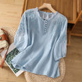 Women's Bohemian Floral Embroidered Ruffle-Neck Puff-Sleeve Blouse - Blue