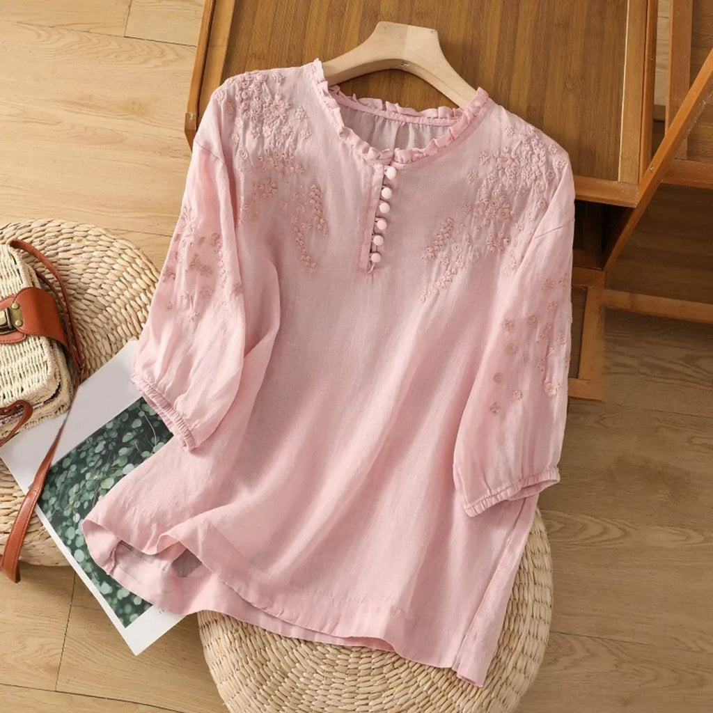 Women's Bohemian Floral Embroidered Ruffle-Neck Puff-Sleeve Blouse - Pink