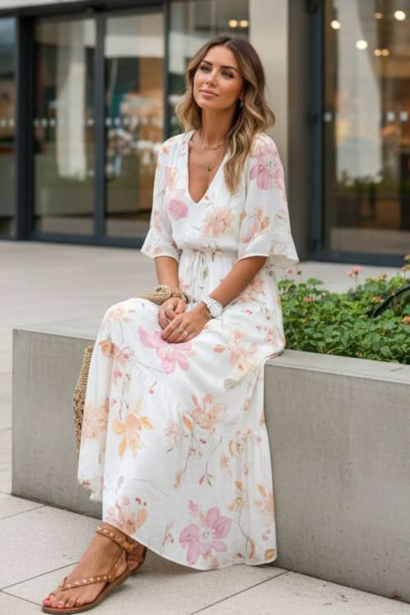 Women's Bohemian Floral Maxi Evening Gown V-Neck Adjustable Waist