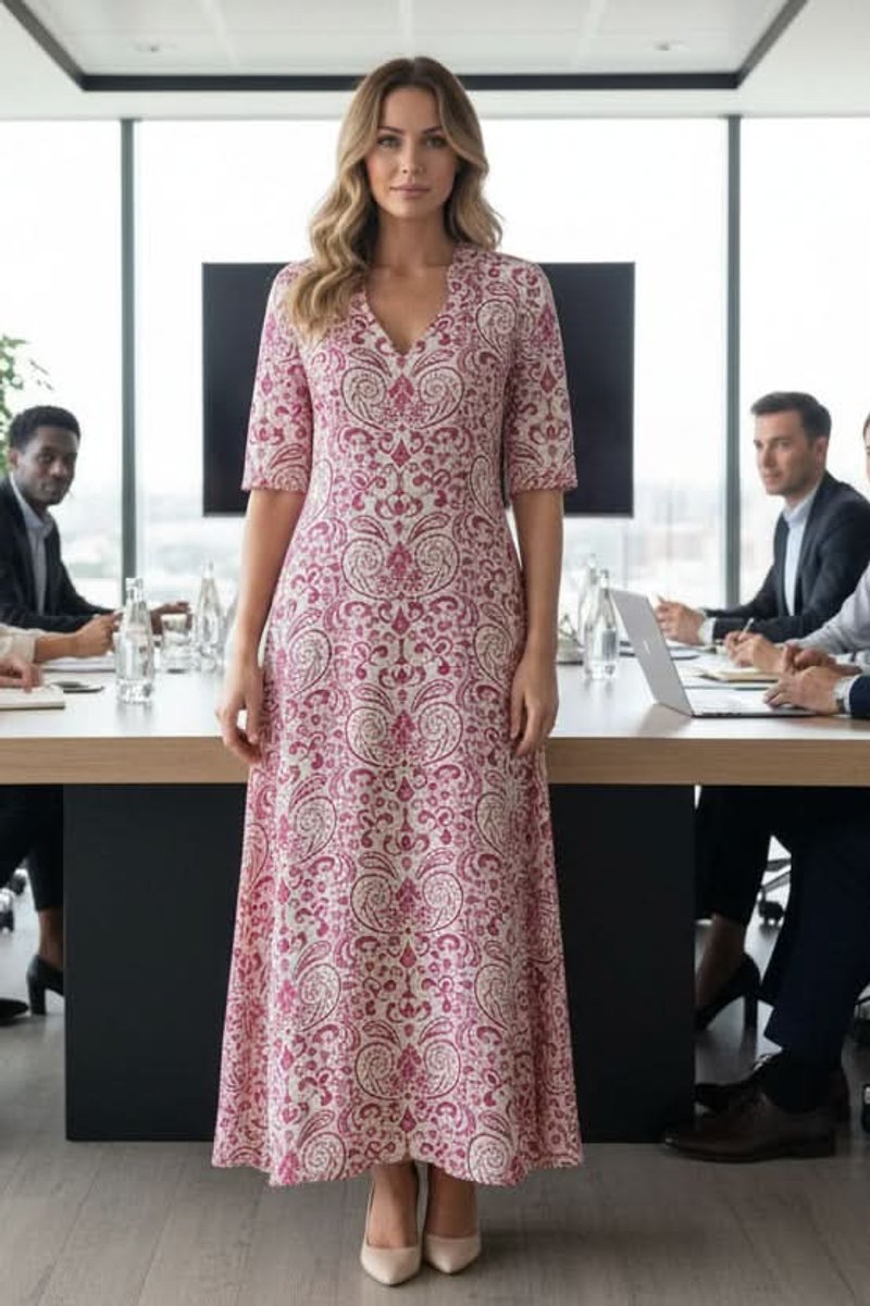 Women's Bohemian Floral Maxi Evening Gown V-Neck Adjustable Waist - Pink