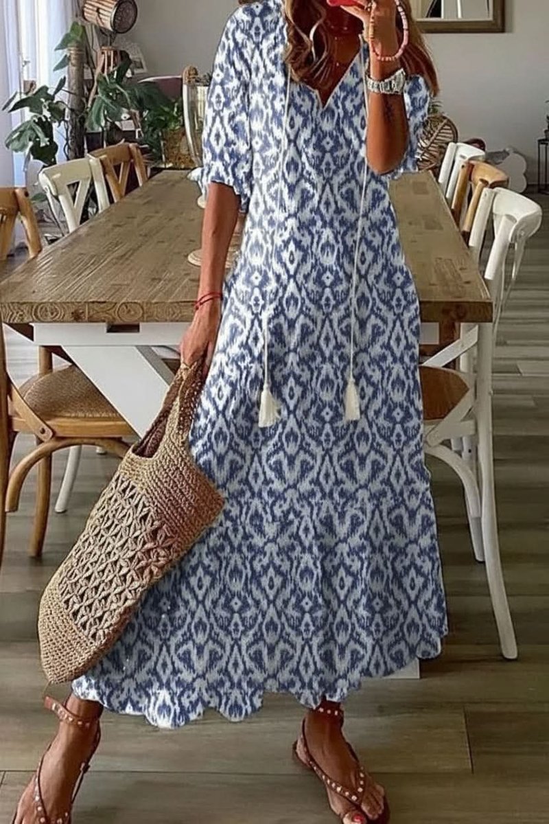 Women's Bohemian Floral Maxi Evening Gown V-Neck Adjustable Waist - Light Blue