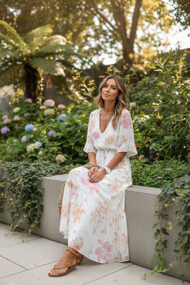 Women's Bohemian Floral Maxi Evening Gown V-Neck Adjustable Waist - White