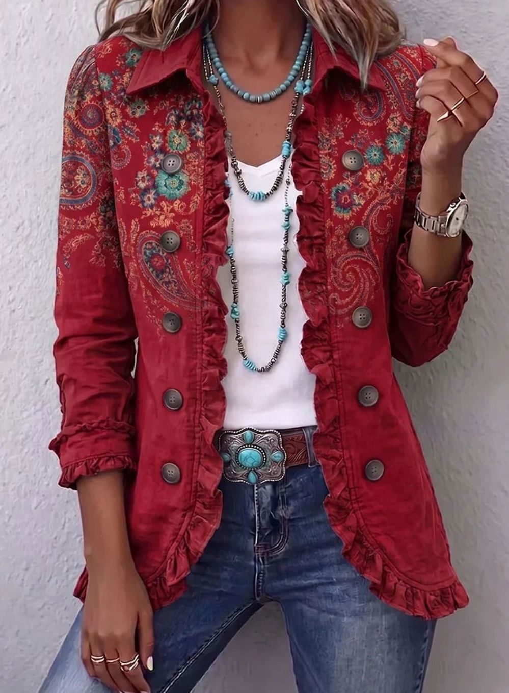 Women's Bohemian Paisley Ruffle-Trim Double-Breasted Jacket