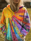 Women's Bohemian Patchwork Quilted Pullover Hoodie Sweater - Multicolor