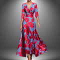 Women's Bohemian V-Neck Three-Quarter Sleeve Maxi Dress - Red