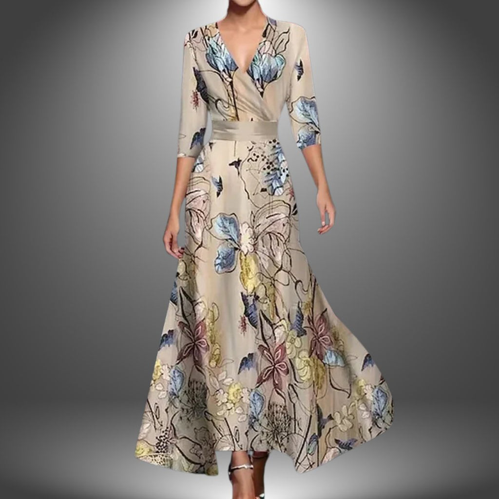Women's Bohemian V-Neck Three-Quarter Sleeve Maxi Dress - Champagne