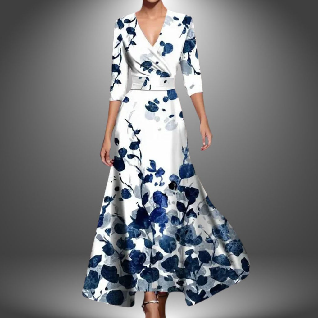 Women's Bohemian V-Neck Three-Quarter Sleeve Maxi Dress - White