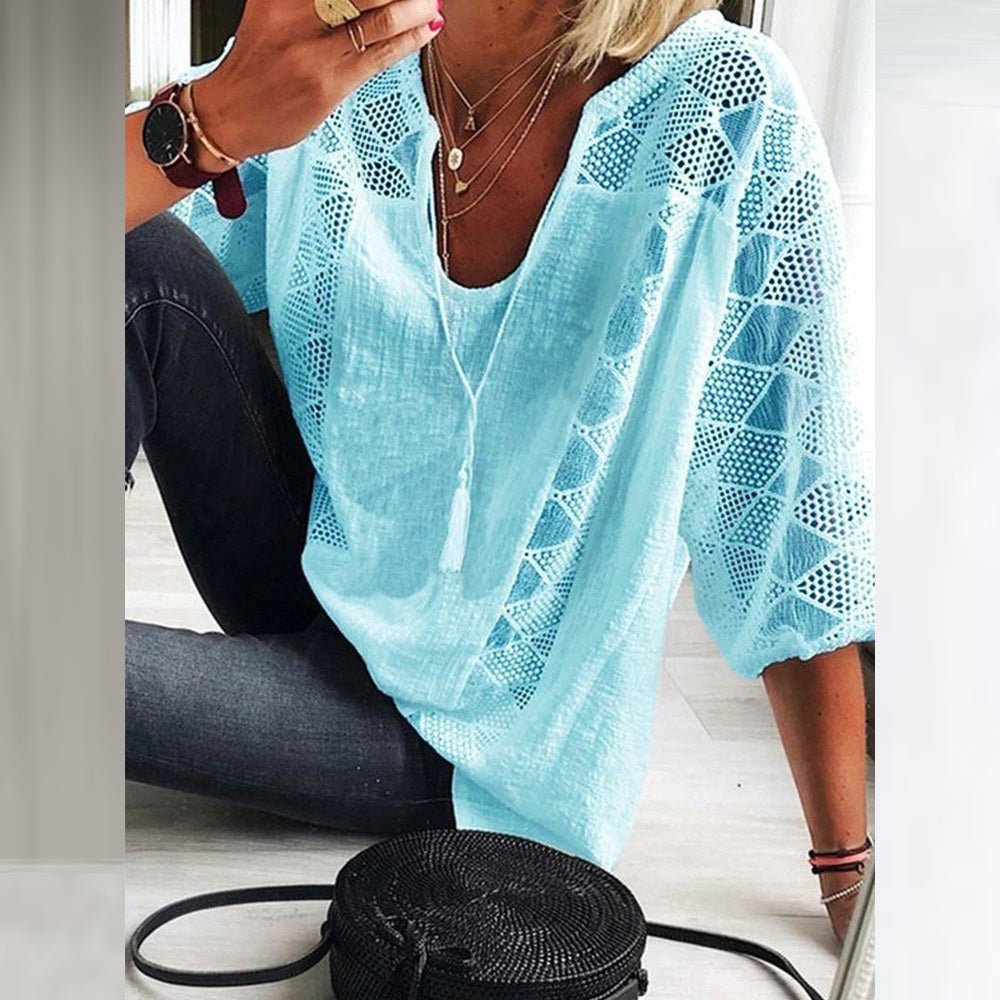 Women's Boho Crochet-Detail Loose Three-Quarter Sleeve Blouse - Light Blue (Only 2 left!)