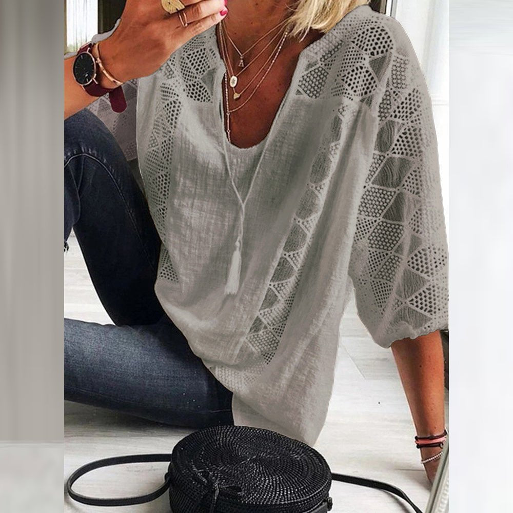 Women's Boho Crochet-Detail Loose Three-Quarter Sleeve Blouse - Grey(Only 6 left!)