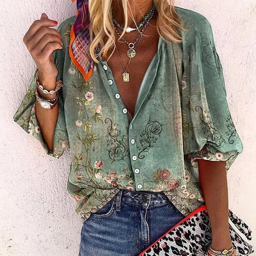 Women's Boho Floral Button-Down V-Neck Long Sleeve Blouse - Green