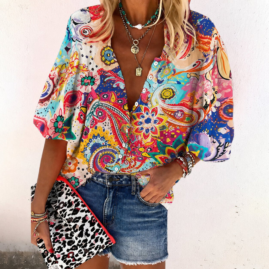Women's Boho Floral Button-Down V-Neck Long Sleeve Blouse - Pink