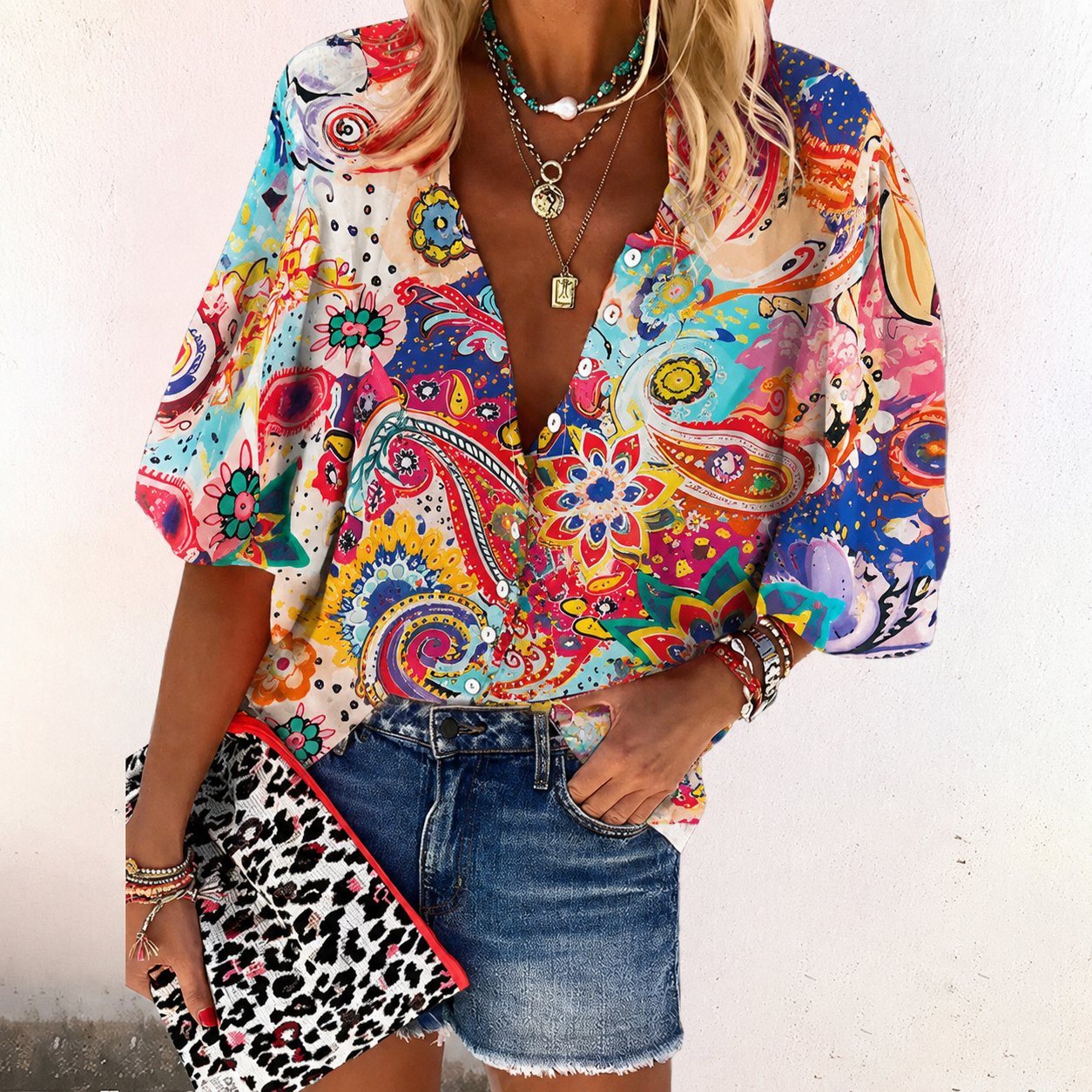 Women's Boho Floral Button-Down V-Neck Long Sleeve Blouse - Pink
