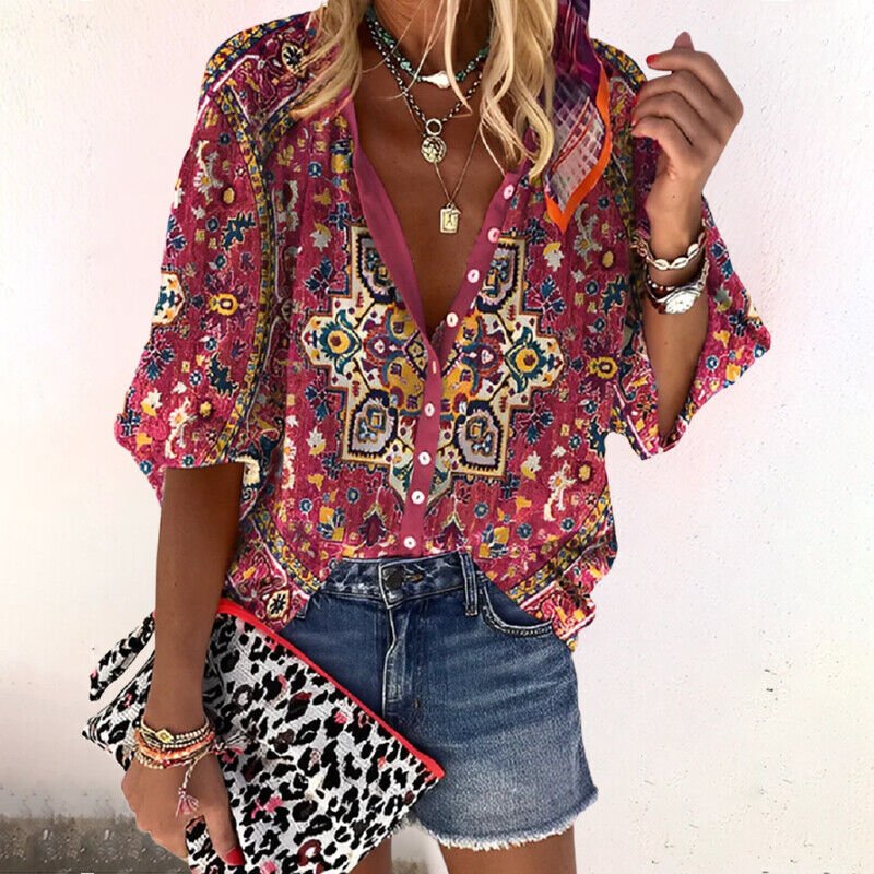Women's Boho Floral Button-Down V-Neck Long Sleeve Blouse - Red