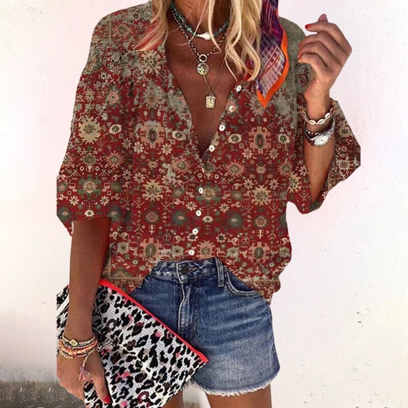 Women's Boho Floral Button-Down V-Neck Long Sleeve Blouse - Brown