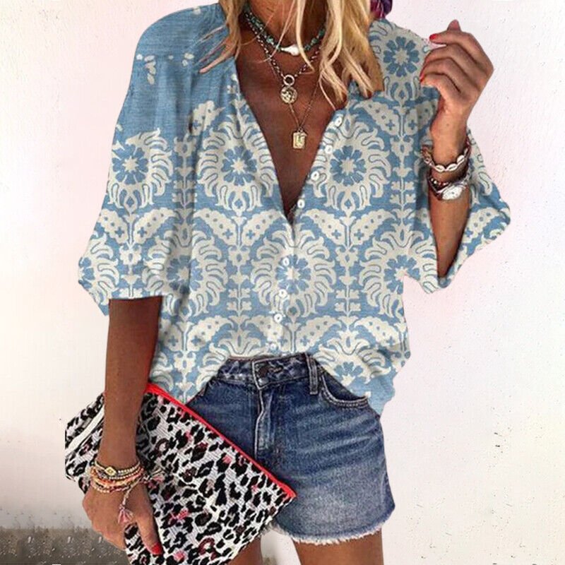 Women's Boho Floral Button-Down V-Neck Long Sleeve Blouse - Blue